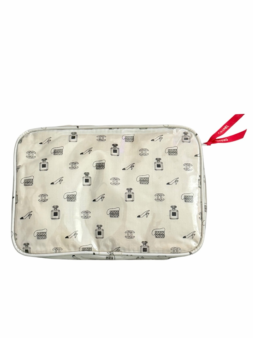 Vintage 1980s CHANEL White & Black Logo Graphic Cosmetic Makeup Bag Travel Pouch